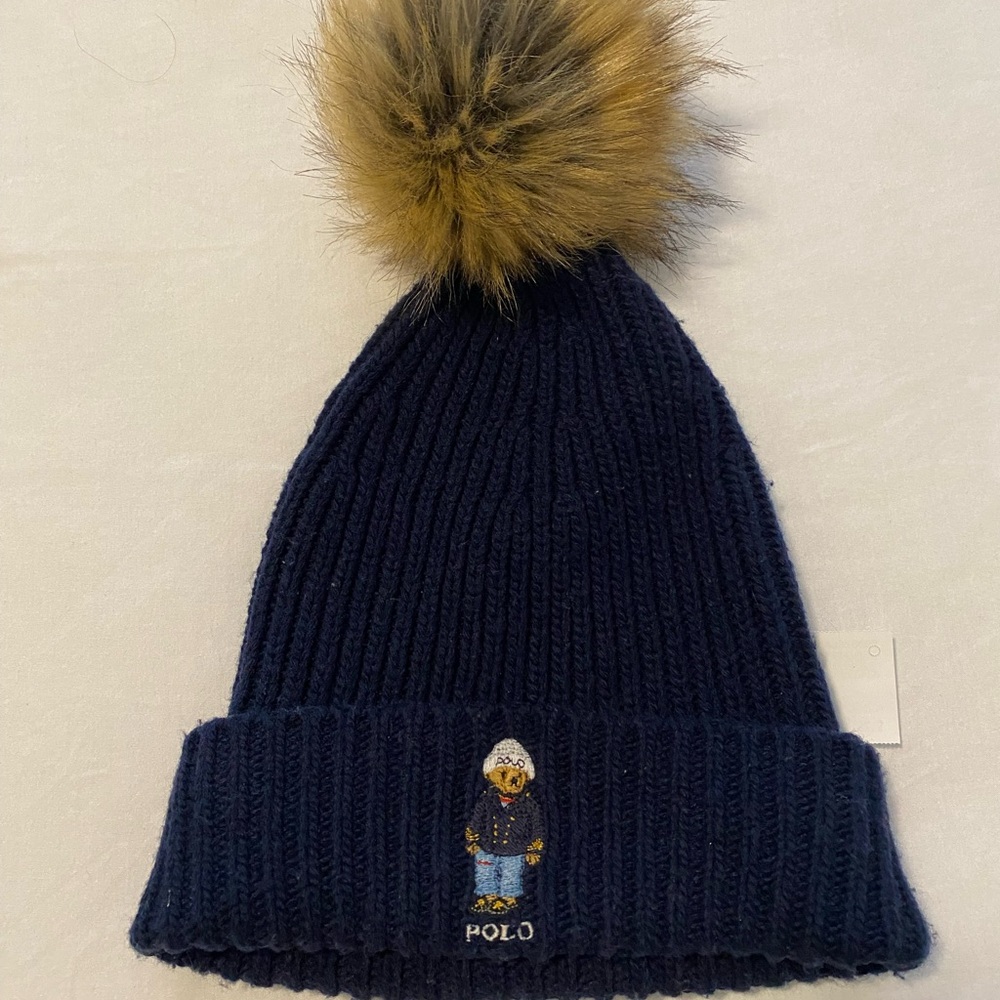 Ralph Lauren Navy Knit Beanie with Fur Pom Pom